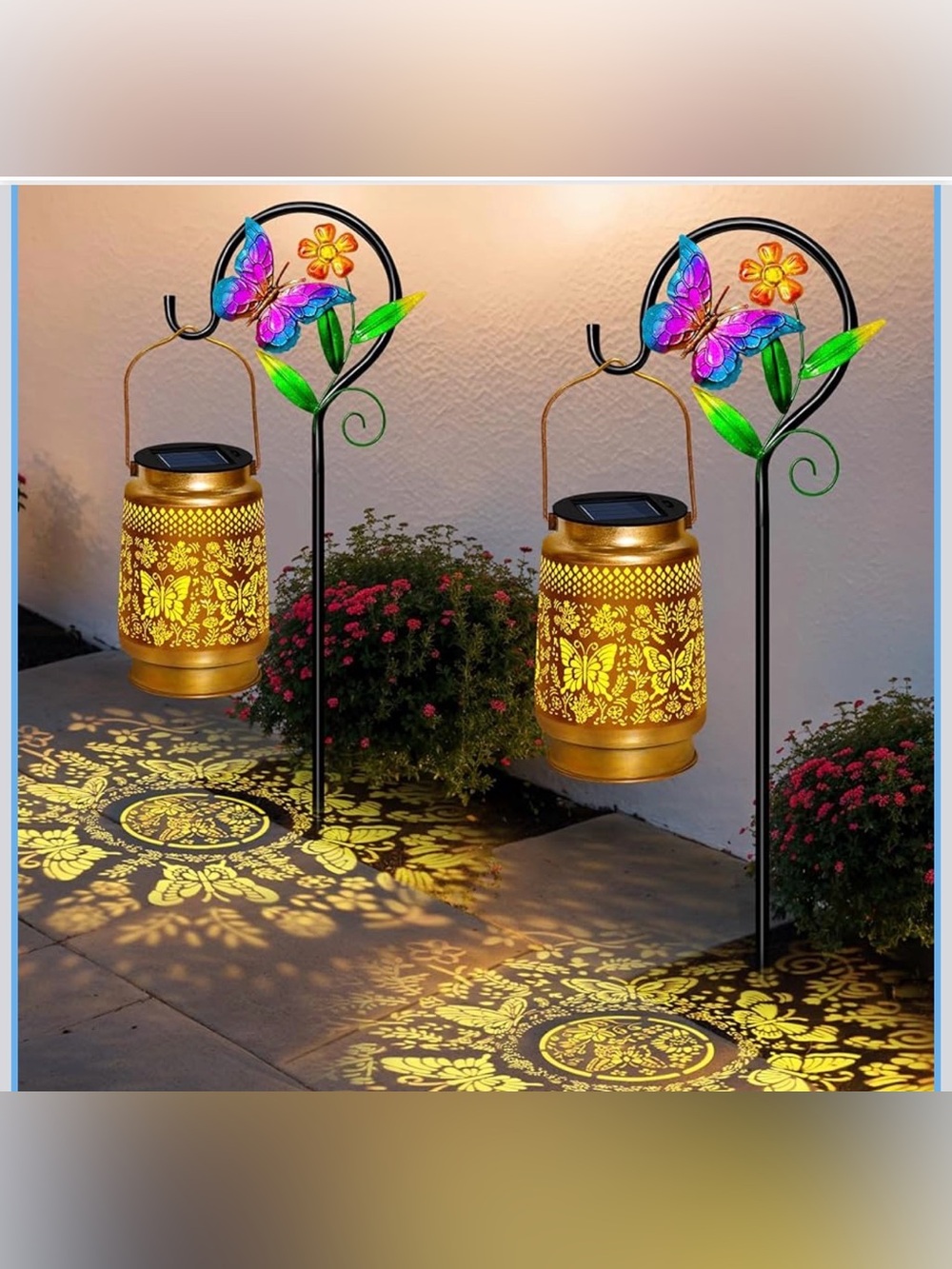 2 Pack Solar Lanterns Outdoor Butterfly Garden Decor Hanging Lights Stake Set